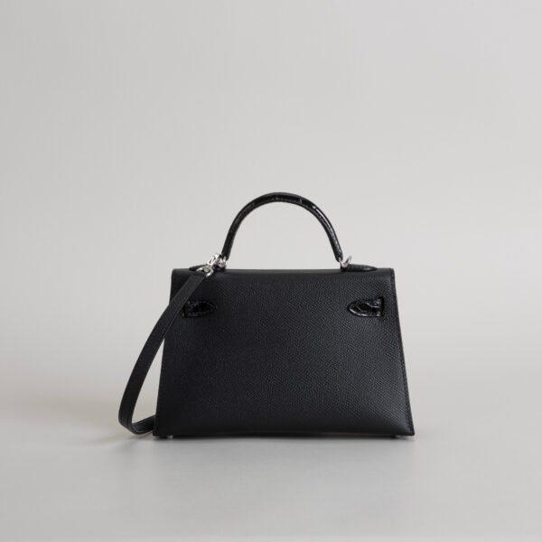 Hermes Evening Bag CK89 Noir Epsom / Crocodile Leather Mini Kelly Touch 19CM Silver Hardware