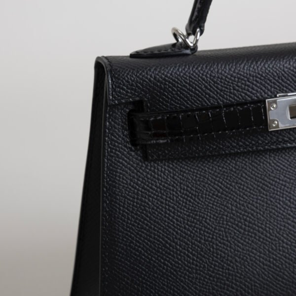 Hermes Evening Bag CK89 Noir Epsom / Crocodile Leather Mini Kelly Touch 19CM Silver Hardware