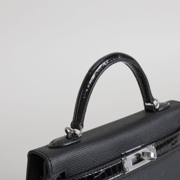 Hermes Evening Bag CK89 Noir Epsom / Crocodile Leather Mini Kelly Touch 19CM Silver Hardware