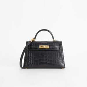 UAE Dubai Herme Mini Kelly 19CM CC89 Noir Matte Alligator Crocodile Gold Hardware