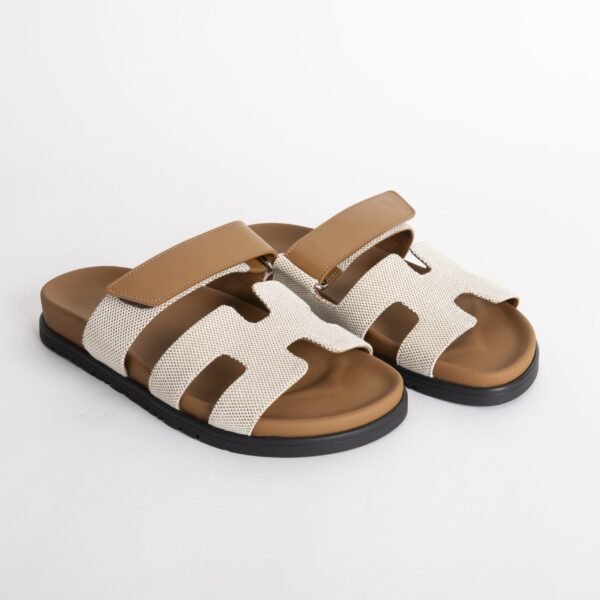 Hermes Women’s Shoes Beige Canvas / 37 Gold Swift Leather Chypre Sandals 34-42