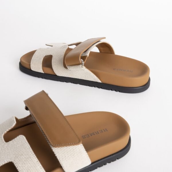 Hermes Women’s Shoes Beige Canvas / 37 Gold Swift Leather Chypre Sandals 34-42