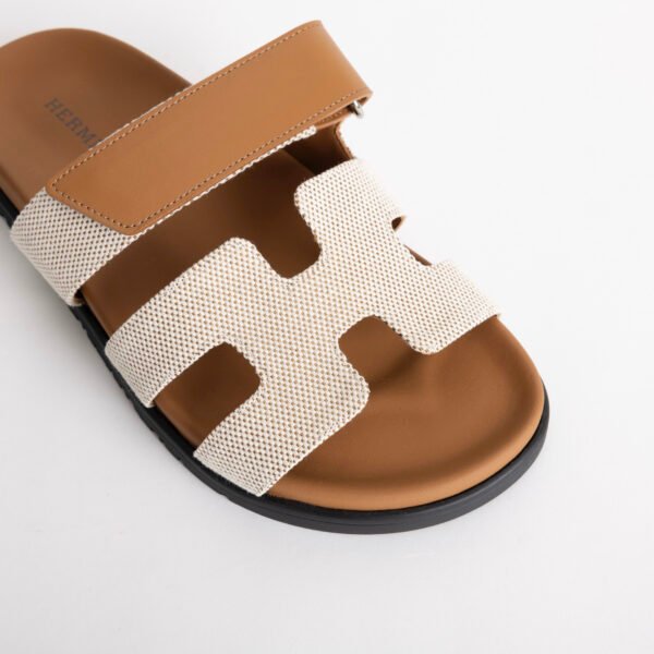 Hermes Women’s Shoes Beige Canvas / 37 Gold Swift Leather Chypre Sandals 34-42