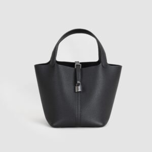 Hermes Tote Bag CK89 Noir Clemence Leather Picotin 22CM Silver Hardware