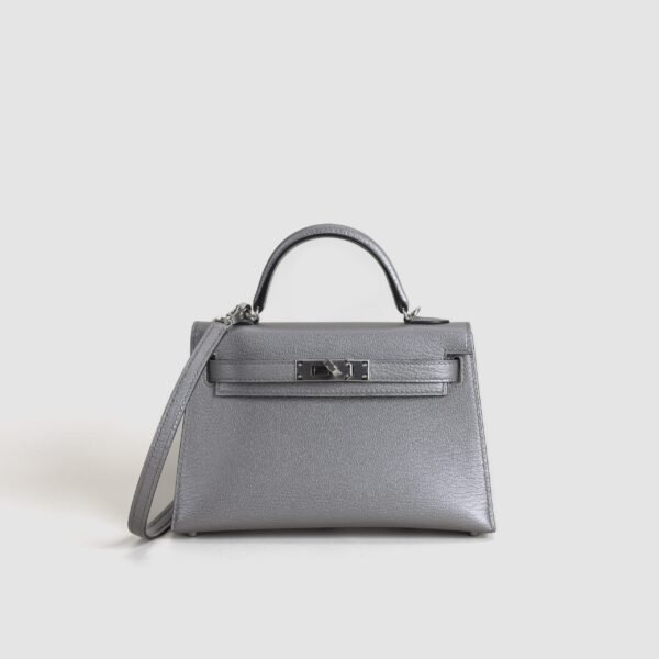 Hermes Clutch Bag Olympic Silver Chevre Leather Mini Kelly 19CM Silver Hardware