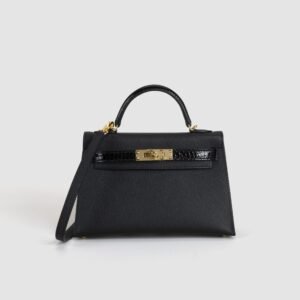 Full Handmade Mini Kelly Touch 19CM CC89 Noir Epsom / Crocodile Leather Gold Hardware
