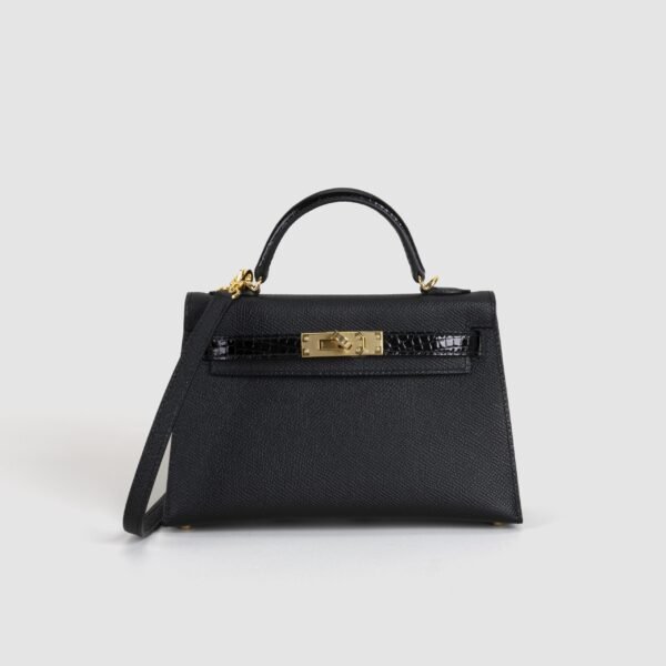 Full Handmade Mini Kelly Touch 19CM CC89 Noir Epsom / Crocodile Leather Gold Hardware