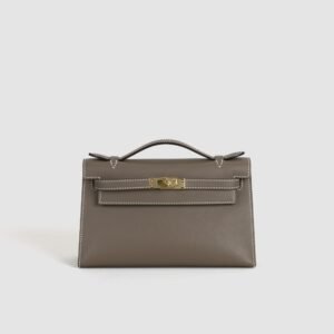 Hermes Clutch Bag CC18 Etoupe Swift Leather Kelly Pochette 22CM Gold Hardware
