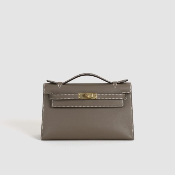 Hermes Clutch Bag CC18 Etoupe Swift Leather Kelly Pochette 22CM Gold Hardware