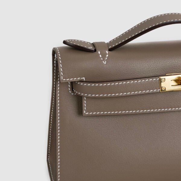 Hermes Clutch Bag CC18 Etoupe Swift Leather Kelly Pochette 22CM Gold Hardware