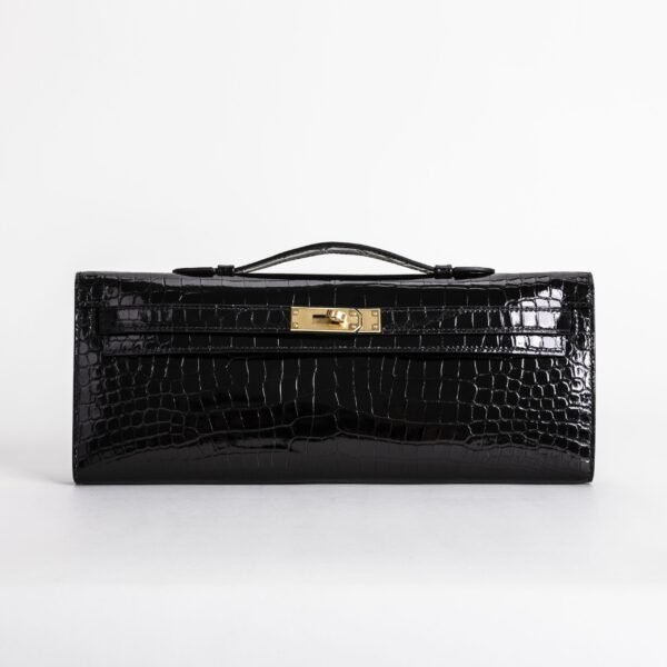 USA New York Hermes CC89 Noir Shiny Alligator Crocodile Leather Kelly Cut 31CM Gold Hardware
