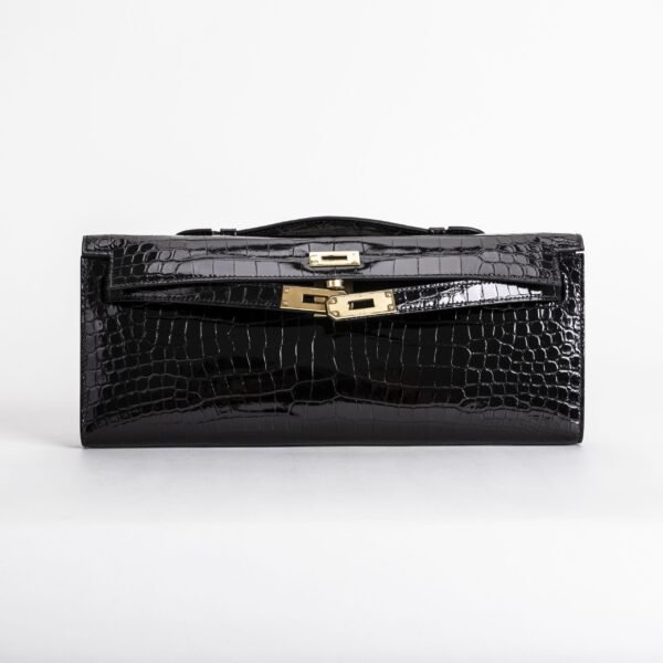 USA New York Hermes CC89 Noir Shiny Alligator Crocodile Leather Kelly Cut 31CM Gold Hardware