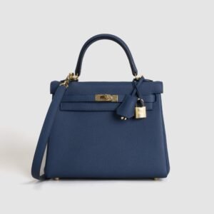 Full Handmade Hermes 7P Bleu De Prusse Togo Leather Kelly 25CM Gold Hardware